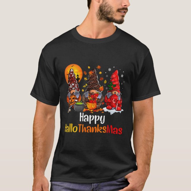 Happy Hallothanksmas Gnomes Halloween Thanksgiving T-Shirt (Front)