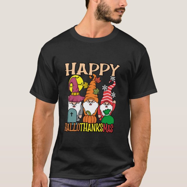 Happy Hallothanksmas Gnomes Halloween Thanksgiving T-Shirt (Front)