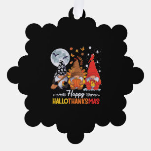 Happy Hallothanksmas Gnomes Halloween Thanksgiving Tree Decoration Card