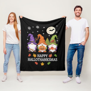 Happy Hallothanksmas Gnomes Lover Halloween Xmas Fleece Blanket