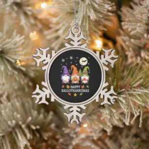 Happy Hallothanksmas Gnomes Lover Halloween Xmas Snowflake Pewter Christmas Ornament