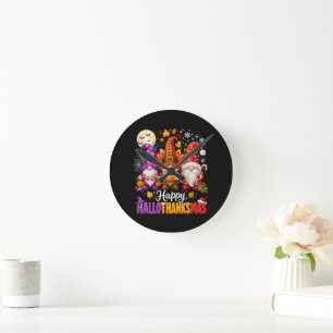 Happy HalloThanksMas Gnomes Round Clock