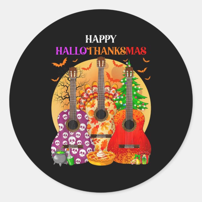 Happy Hallothanksmas Guitar Halloween Thanksgiving Classic Round Sticker (Front)