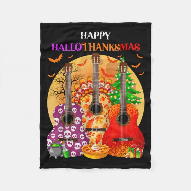 Happy Hallothanksmas Guitar Halloween Thanksgiving Fleece Blanket (Front)