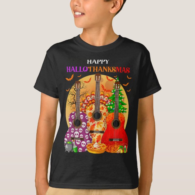 Happy Hallothanksmas Guitar Halloween Thanksgiving T-Shirt (Front)