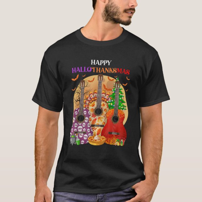 Happy HalloThanksMas Guitar Halloween Thanksgiving T-Shirt (Front)