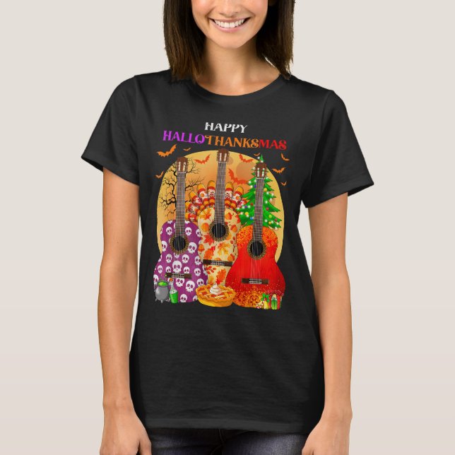 Happy Hallothanksmas Guitar Halloween Thanksgiving T-Shirt (Front)