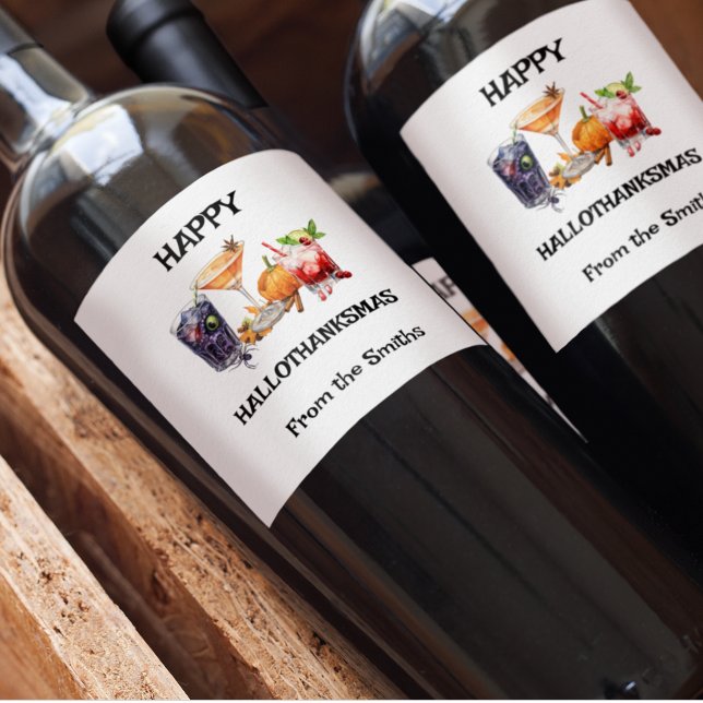 Happy Hallothanksmas Halloween Christmas Holiday Wine Label (Creator Uploaded)
