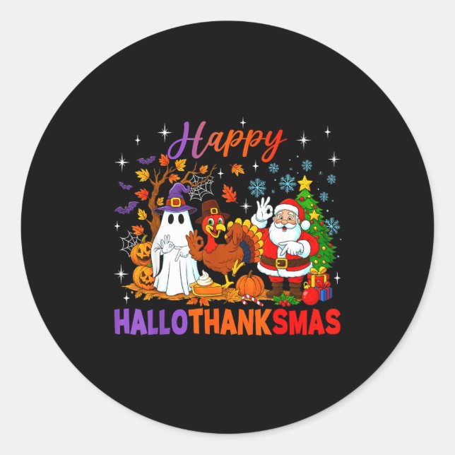 Happy Hallothanksmas Halloween Thanksgiving 67 Chr Classic Round Sticker (Front)