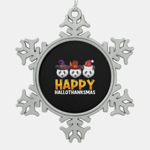 Happy Hallothanksmas Halloween Thanksgiving Merry Snowflake Pewter Christmas Ornament