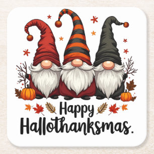 Happy Hallothanksmas Halloween Xmas Gnomes Square Paper Coaster