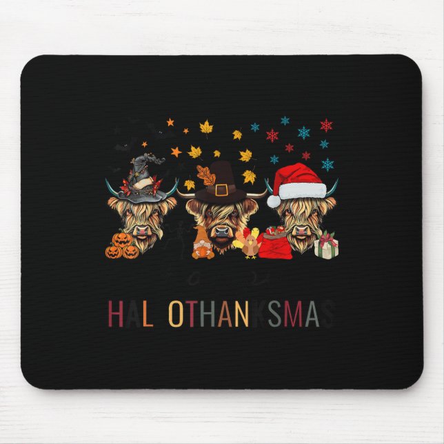 Happy Hallothanksmas Highland Cow Halloween Christ Mouse Mat (Front)