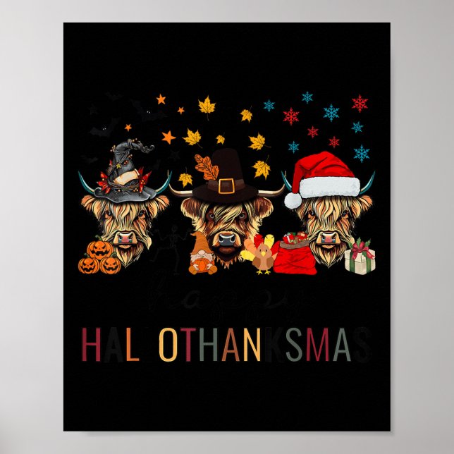 Happy Hallothanksmas Highland Cow Halloween Christ Poster (Front)
