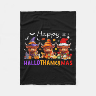 Happy Hallothanksmas Highland Cow Halloween Merry  Fleece Blanket
