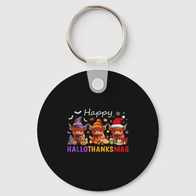 Happy Hallothanksmas Highland Cow Halloween Merry  Key Ring (Front)