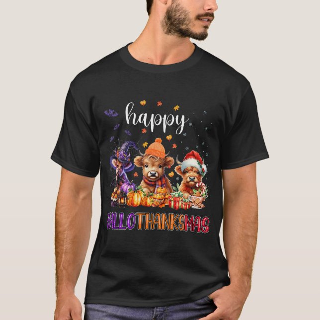  Happy Hallothanksmas Highland Cow Halloween Merry T-Shirt (Front)