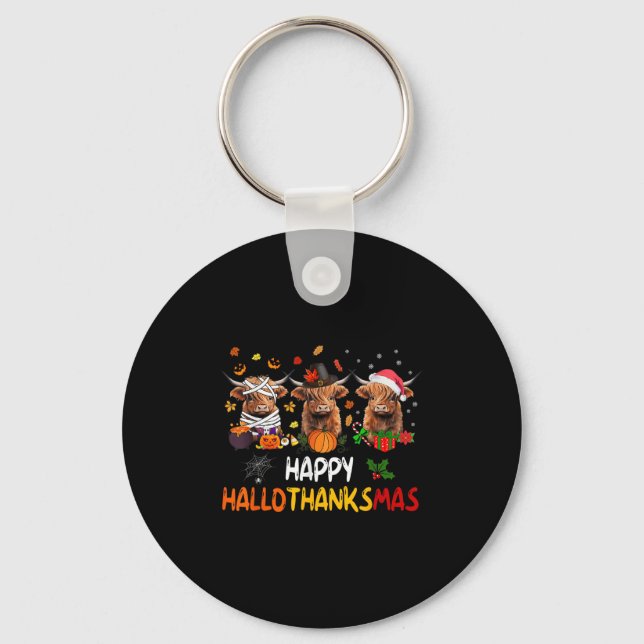 Happy Hallothanksmas Highland Cow Halloween Thanks Key Ring (Front)