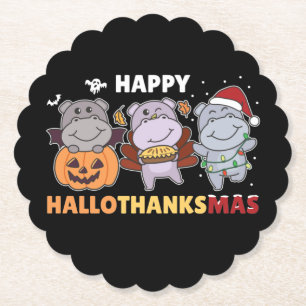 Happy Hallothanksmas Hippos Christmas Hippo Paper Coaster