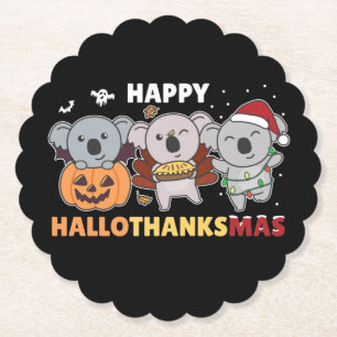 Happy Hallothanksmas Koalas Christmas Koala Paper Coaster