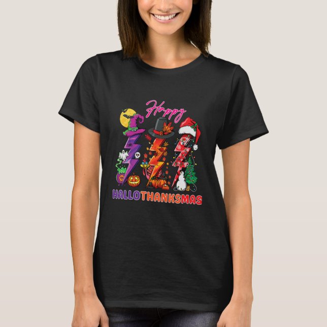 Happy Hallothanksmas lightning bolt Witch Santa Ha T-Shirt (Front)