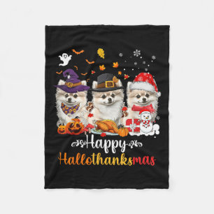Happy Hallothanksmas Meranian Dog Halloween Christ Fleece Blanket