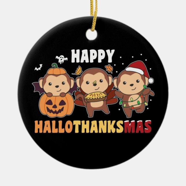 Happy Hallothanksmas Monkey Christmas Monkeys Cera Ceramic Tree Decoration (Front)