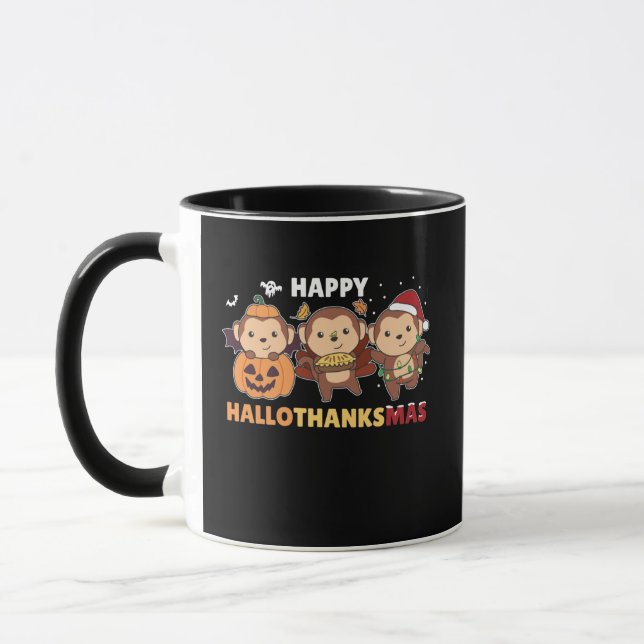 Happy Hallothanksmas Monkey Christmas Monkeys Mug (Left)