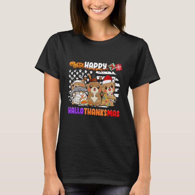 Happy Hallothanksmas Otter  Thanksgiving Christmas T-Shirt (Front)