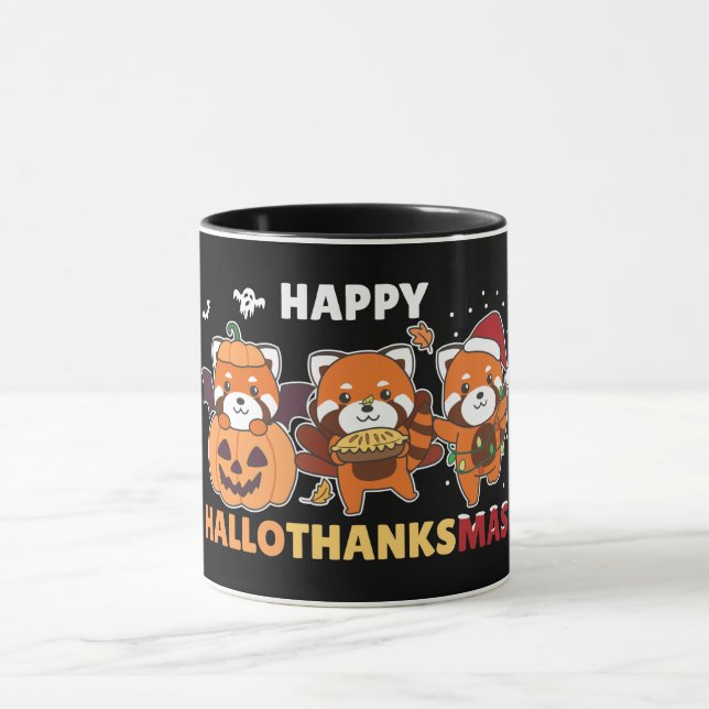 Happy Hallothanksmas Pandas Christmas Red Panda Mug (Center)