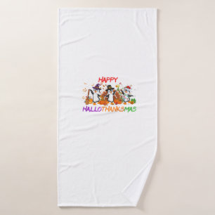 Happy Hallothanksmas Penguin Halloween Thanksgivin Bath Towel