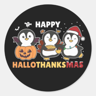 Happy Hallothanksmas Penguins Christmas Penguin Cl Classic Round Sticker