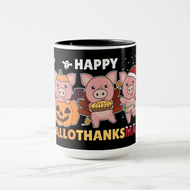 Happy Hallothanksmas Pigs Christmas Pig Mug (Center)