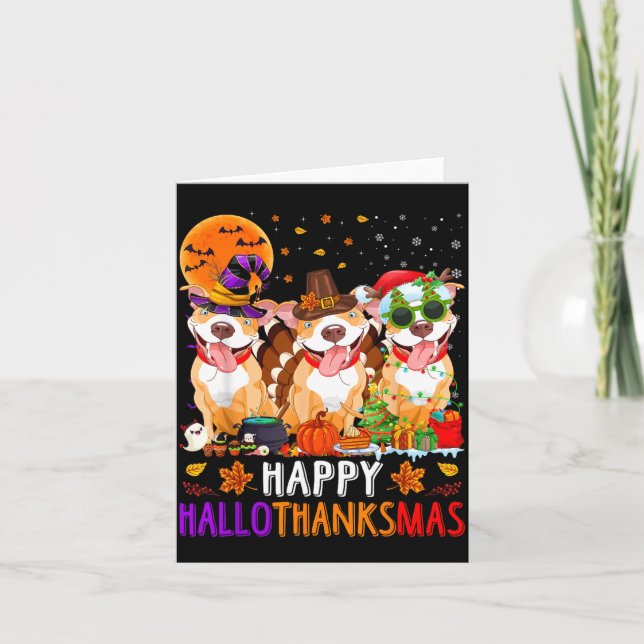 Happy Hallothanksmas Pitbull Dog Halloween Card (Front)
