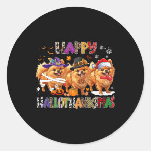 Happy Hallothanksmas Pomeranian Dog Halloween Chri Classic Round Sticker