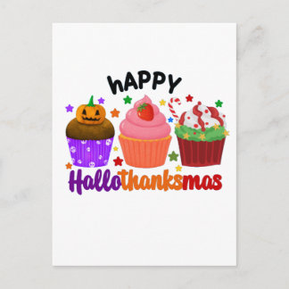happy hallothanksmas postcard