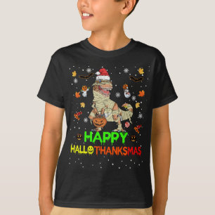 Happy Hallothanksmas Pumpkin Dinosaur T Rex Santa T-Shirt