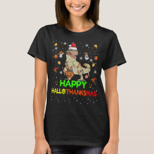 Happy Hallothanksmas Pumpkin Dinosaur T Rex Santa T-Shirt