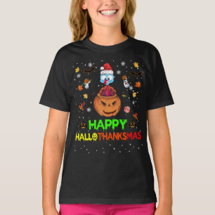 Happy Hallothanksmas Pumpkin Turkey Santa Hats Fun T-Shirt