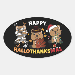 Happy Hallothanksmas Quokka Christmas Holiday Clas Oval Sticker