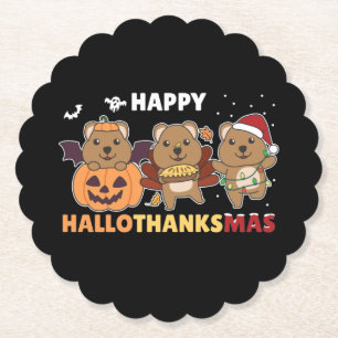 Happy Hallothanksmas Quokkas Christmas Quokka Paper Coaster