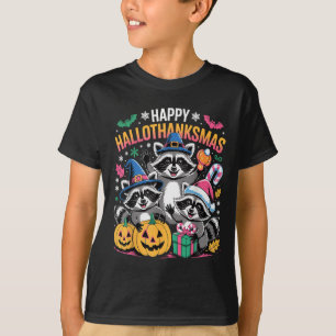 Happy Hallothanksmas Raccoon Halloween Merry Chris T-Shirt