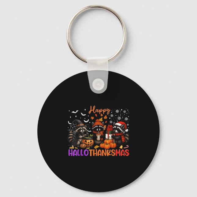 Happy Hallothanksmas Racoon Halloween Thanksgiving Key Ring (Front)
