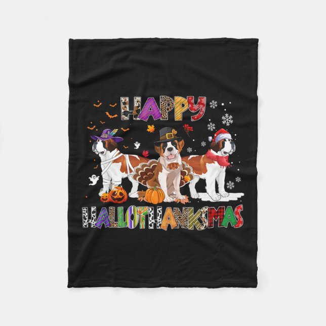 Happy Hallothanksmas Saint Bernard Dog Halloween C Fleece Blanket (Front)