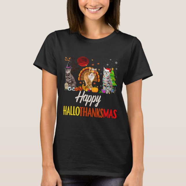 Happy Hallothanksmas Santa Cat T-Shirt (Front)