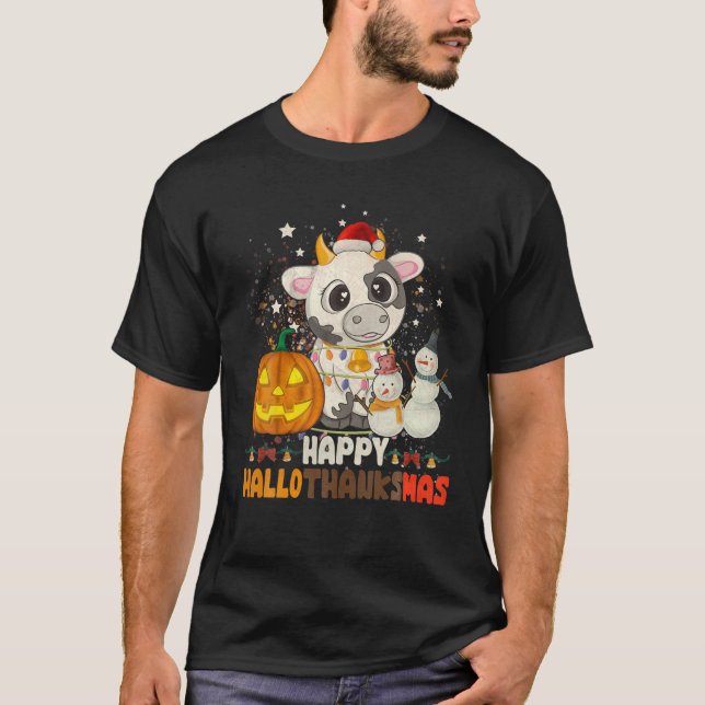 Happy Hallothanksmas Santa Cow Halloween Thanksgiv T-Shirt (Front)