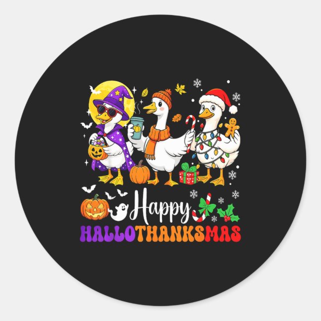 Happy Hallothanksmas Santa Goose Witch Soky Season Classic Round Sticker (Front)