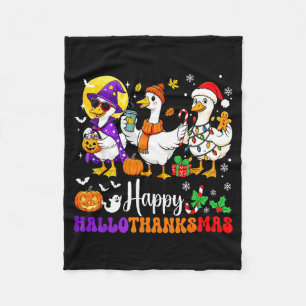 Happy Hallothanksmas Santa Goose Witch Soky Season Fleece Blanket