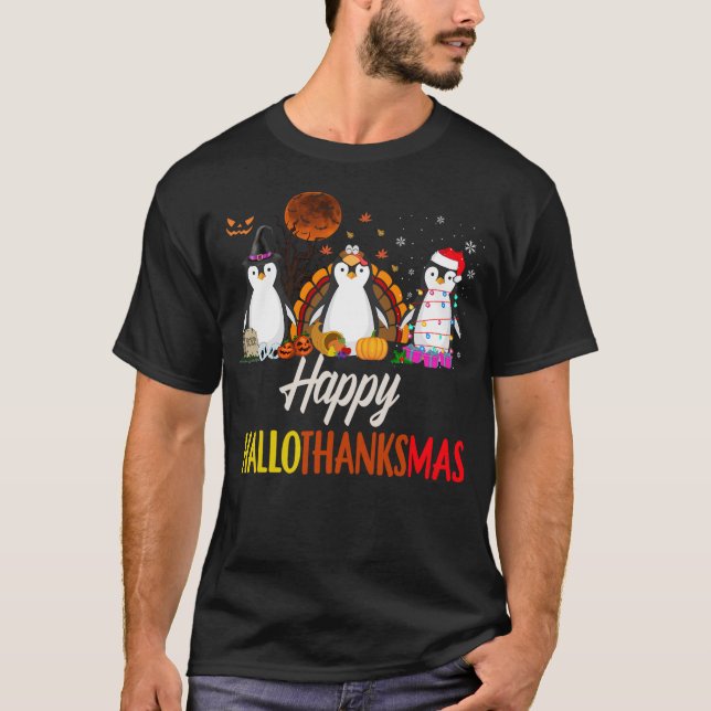 Happy Hallothanksmas Santa Penguin Halloween Thank T-Shirt (Front)