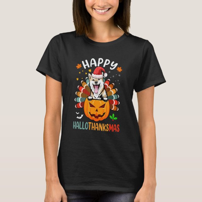 Happy Hallothanksmas Shiba Inu Dog Santa Pumpkin T T-Shirt (Front)