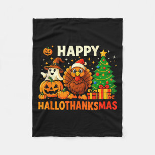 Happy Hallothanksmas Shirt, Halloween Thanksgiving Fleece Blanket